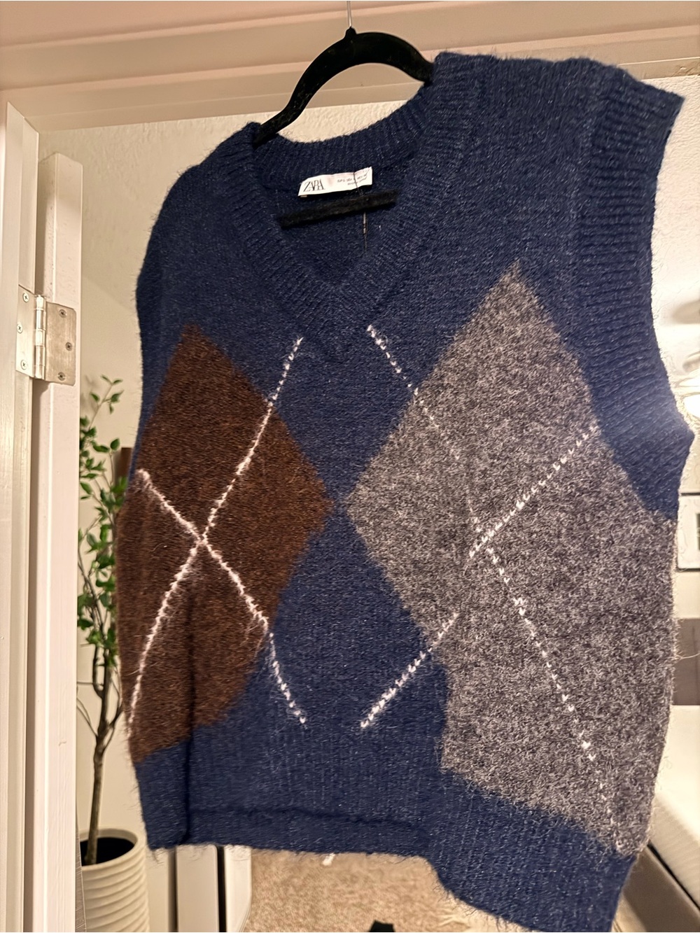 Zara Women’s Navy V-Neck Argyle Sweater Vest with Brown and Gray Diamonds